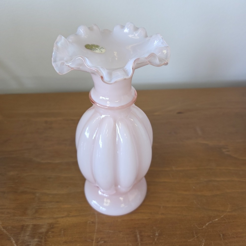 Fenton Ruffled Edge Vase Pink Melon Color Vintage Cased Overlay ~8.5" - Picture 2 of 7